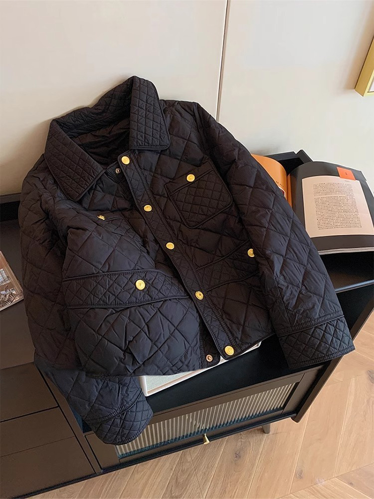 Women'S Fashion Quilted Jacket - เสื้อแจ็คเก็ตผู้หญิงสีดำแฟชั่น ทรงควิลท์ สำหรับฤดูใบไม้ร่วงและฤดูหนาว ปกพับลายสก็อต เสื้อโค้ทสั้นบุผ้าฝ้ายน้ำหนักเบา อเนกประสงค์