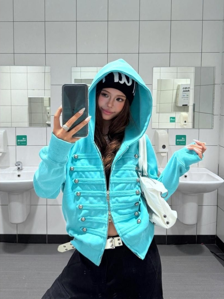 Women'S Fashion Zip Up Hoodies - เสื้อโค้ทสตรีทแวร์แฟชั่นเกาหลี สไตล์กอธิคพังก์ อเมริกันวินเทจ เสื้อฮู้ด Y2k ซับคัลเจอร์