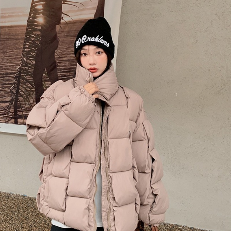 Women'S Fashion Quilted Jacket - เสื้อผ้าผู้หญิง เสื้อแจ็คเก็ตบุนวมแฟชั่นทรงหลวม หนา อบอุ่น สำหรับฤดูหนาว เสื้อโค้ทคอตั้งกันลม
