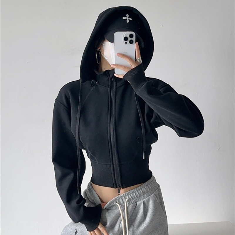 Women'S Fashion Zip Up Hoodies - เสื้อฮู้ดดี้ครอปสำหรับผู้หญิง แฟชั่นสีพื้น ฮู้ดถอดได้ เอวเข้ารูป แจ็คเก็ตซิป สไตล์ลำลอง