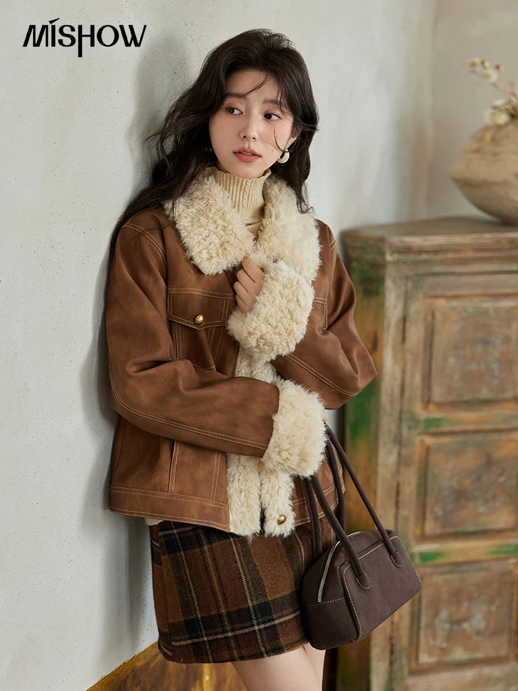 Women'S Fashion Leather Jacket - MISHOW หนังเสื้อขนสัตว์ผู้หญิงขนแกะ 2024 ผู้หญิงฤดูหนาวเสื้อแฟชั่นผ้าฝ้ายนุ่มคลิปหนา Spliced แจ็คเก็ต