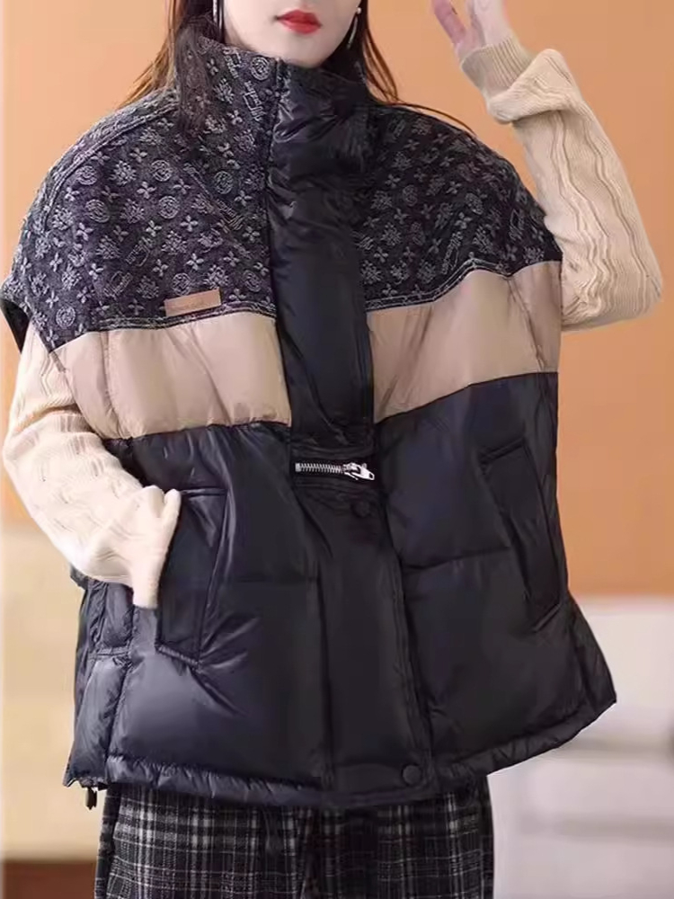 Puffer Vest Fashion Women - แฟชั่น Retro ลงเสื้อแจ็คเก็ตฤดูหนาวใหม่สีตัดกันขนมปังแจ็คเก็ตหลวมขนาดใหญ่ไหล่เป็ดสีขาวปักเป้าเสื้อผู้หญิง