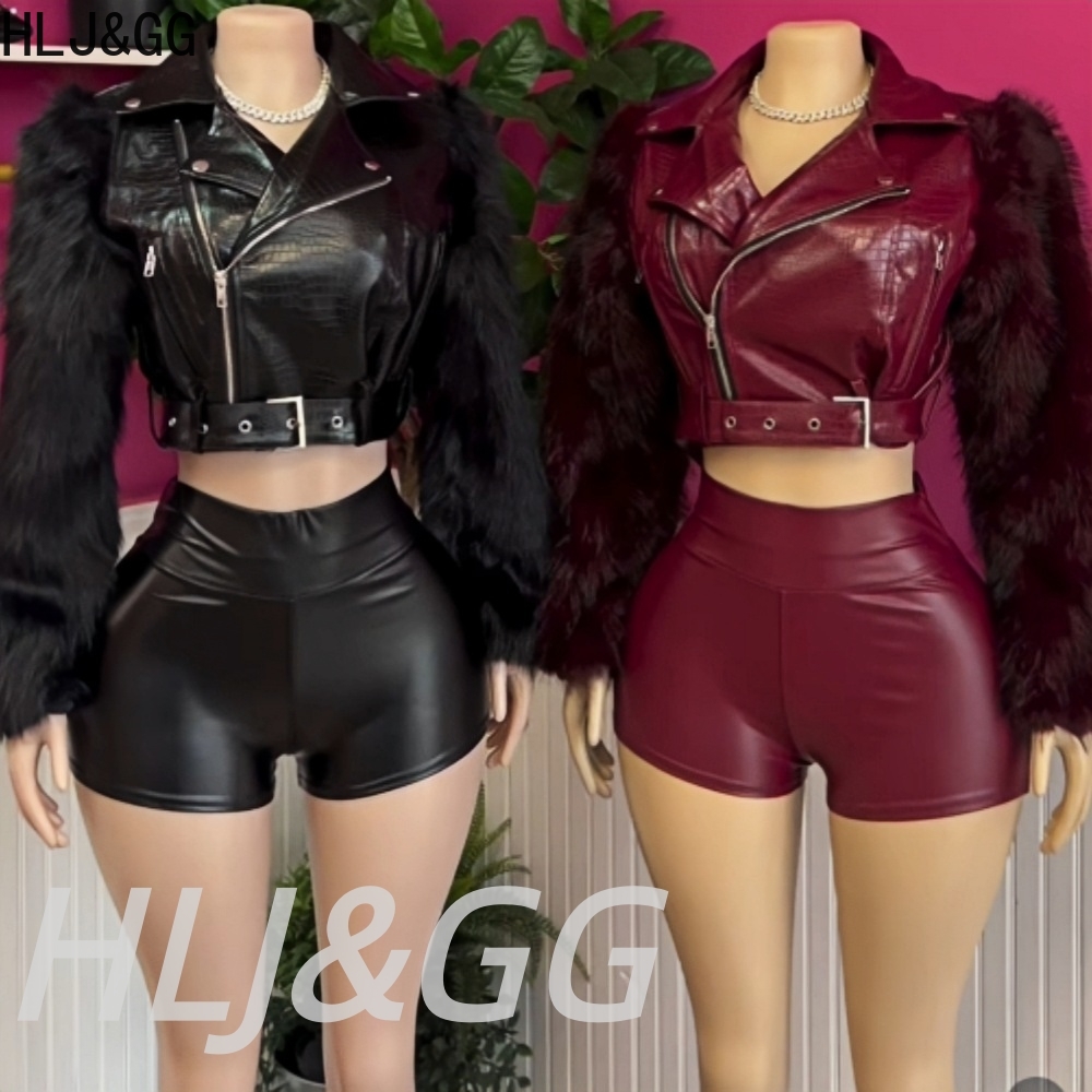 Women'S Fashion Leather Jacket - เสื้อแจ็คเก็ตหนังแต่งขนสัตว์แฟชั่นทันสมัย HLJ&GG ชุดเซ็ตสองชิ้น เสื้อโค้ทแขนยาวและกางเกงขาสั้นสำหรับผู้หญิง สไตล์ Y2K