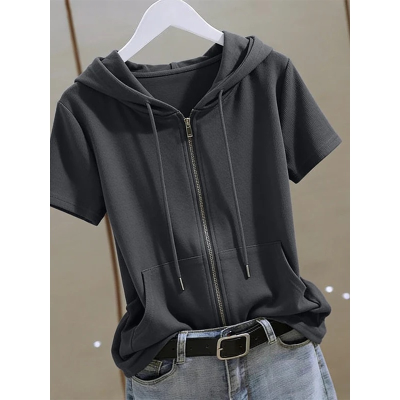 Women'S Fashion Zip Up Hoodies - เสื้อฮู้ดแขนสั้นแบบมีซิปสำหรับผู้หญิง ฤดูร้อน ผ้าฝ้าย ไซส์ใหญ่ ทรงหลวม ระบายอากาศได้ดี