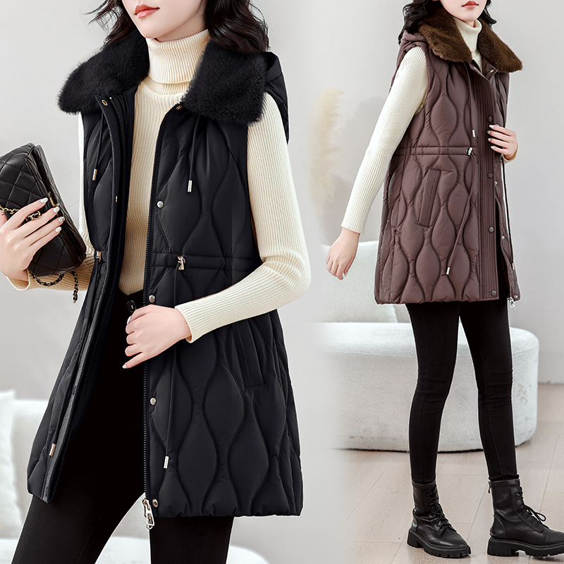Puffer Vest Fashion Women - เสื้อกั๊กผู้หญิงแบบยาวปานกลางสำหรับฤดูใบไม้ร่วงและฤดูหนาว แจ็คเก็ตไร้แขนพร้อมฮู้ดและขนเฟอร์ที่คอ เสื้อกั๊กบุผ้าฝ้ายสำหรับผู้หญิง เสื้อกั๊กแฟชั่น Chaleco Mujer