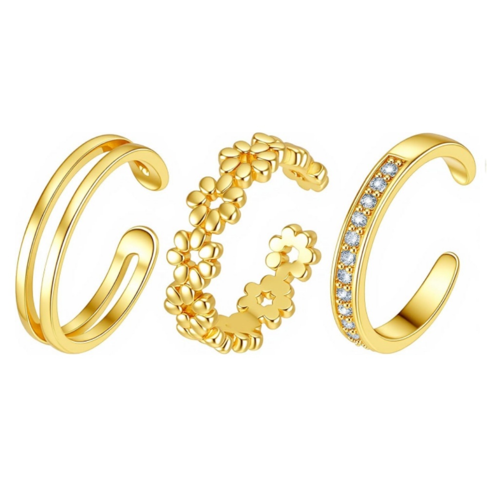 Women'S Fashion Rings Gold - ชุดแหวนทองปรับขนาดได้ 3 วงสำหรับผู้หญิง แหวนวงคู่ลายดอกไม้แบบซ้อนได้ ประดับเพชร CZ