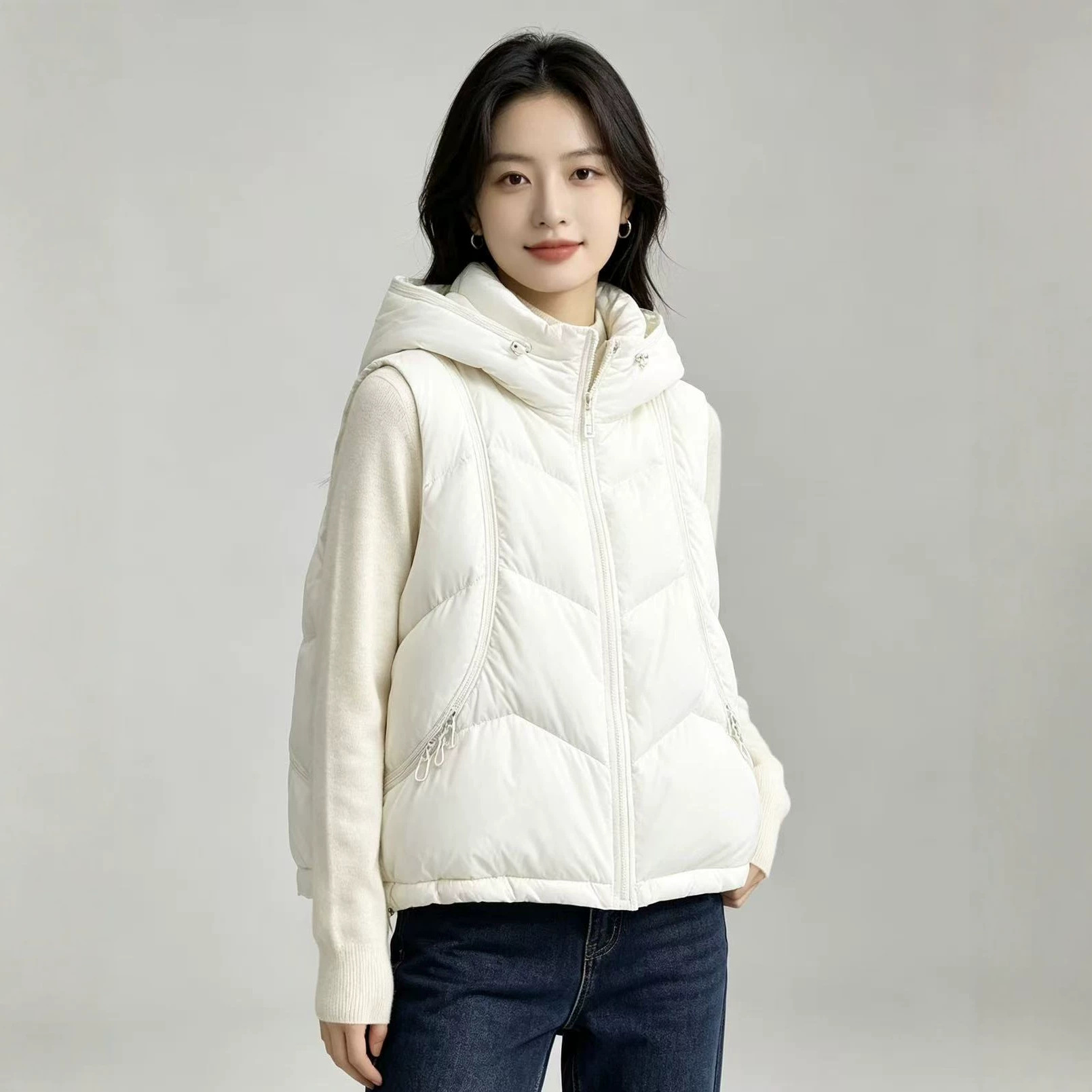 Puffer Vest Fashion Women - เสื้อกั๊กผู้หญิงสำหรับฤดูใบไม้ร่วงและฤดูหนาว บุด้วยใยฝ้าย ทรงหลวม มีฮู้ด ซิปหน้า เสื้อแจ็คเก็ตไม่มีแขน