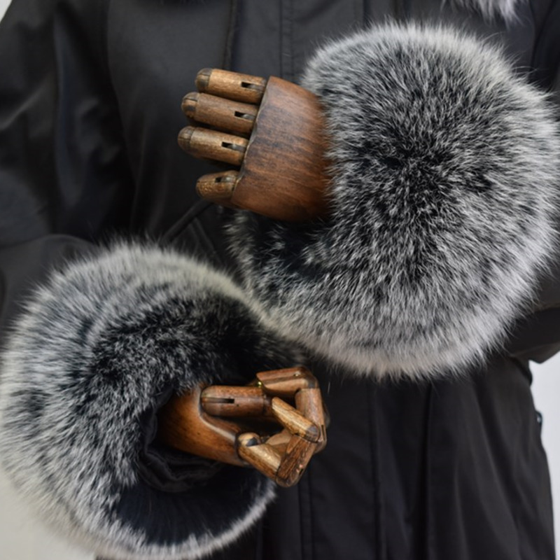 Women'S Fashion Leather Jacket - Fox Fur Cuffs สําหรับผู้หญิงทั้งหนังวงกลมขนสัตว์ธรรมชาติแขนผู้หญิงเสื้อแขนเสื้อแจ็คเก็ตขนสัตว์ Cuffs ขนปุย