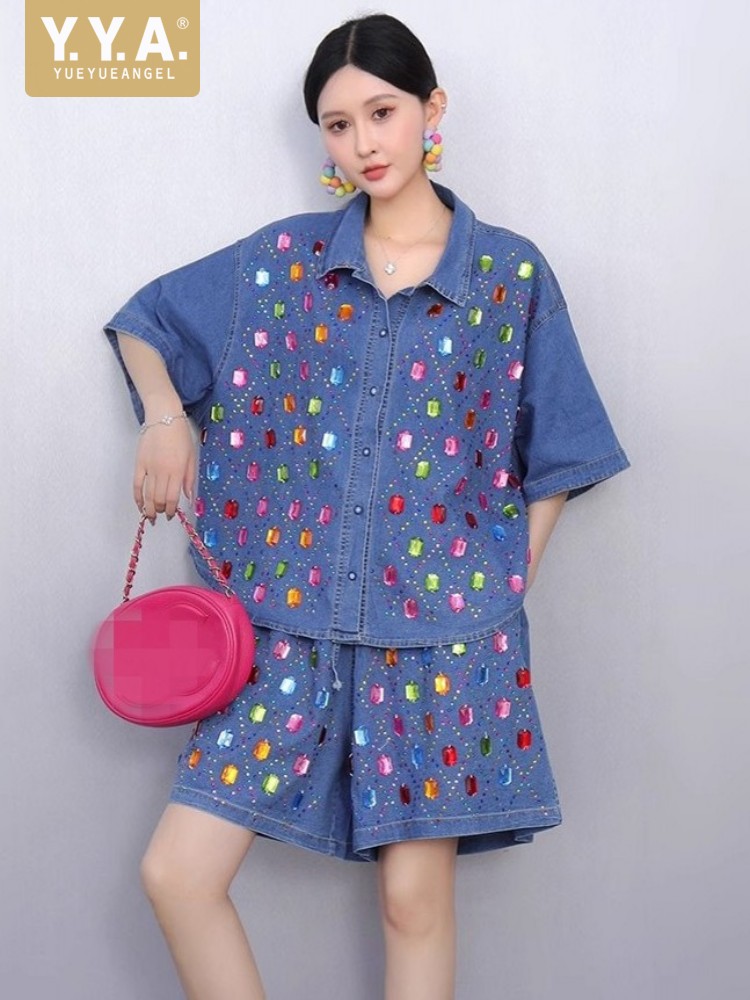 Women'S Fashion Denim Jacket - ชุดเซ็ตสองชิ้นแฟชั่นสำหรับผู้หญิง เสื้อแจ็คเก็ตยีนส์แขนสั้นทรงหลวมสไตล์ลำลองสำหรับฤดูร้อน ดีไซน์ใหม่ กางเกงขาสั้นเอวสูงทรงขากว้าง ประดับเพชร