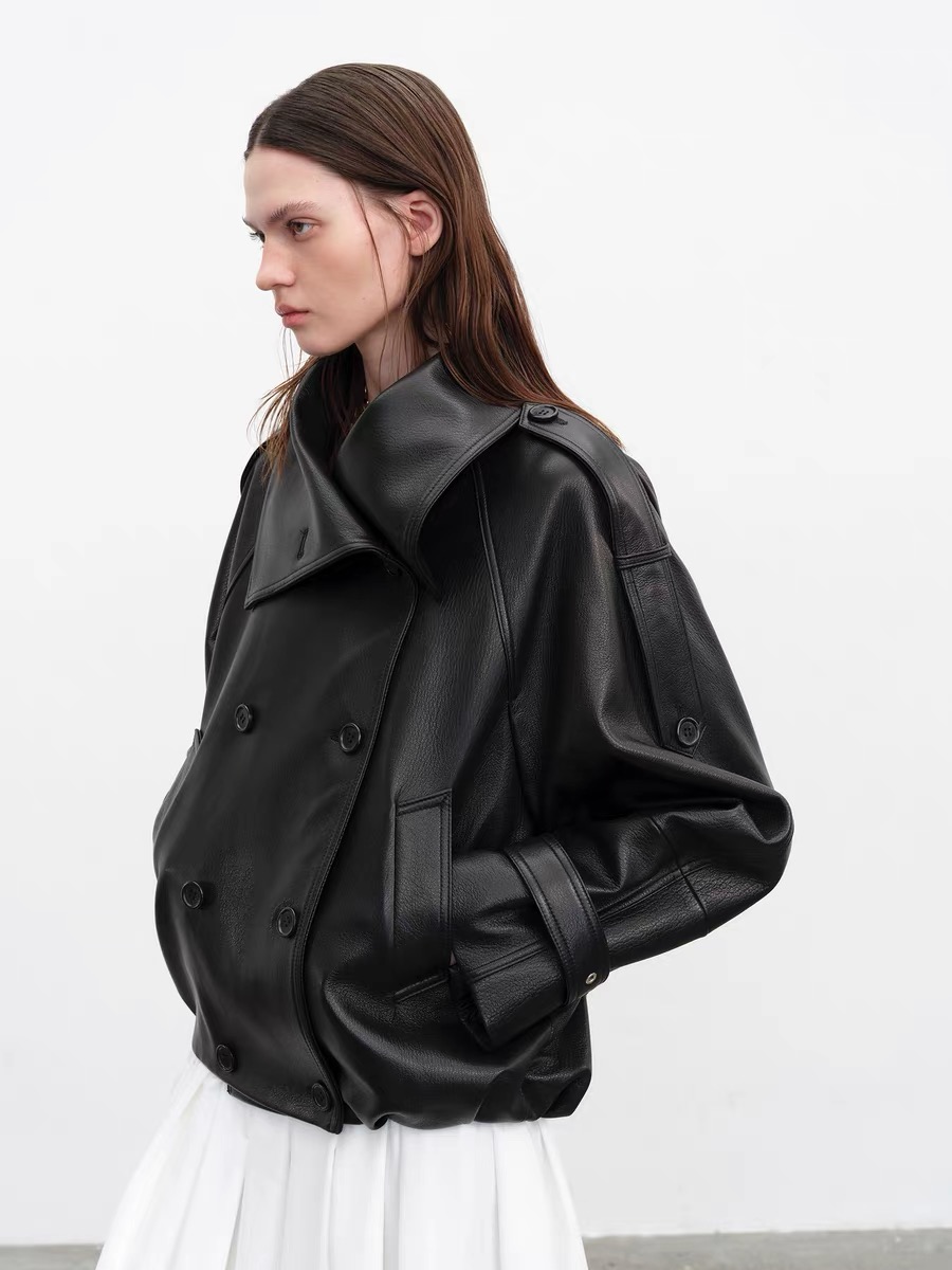 Women'S Fashion Leather Jacket - เสื้อแจ็คเก็ตหนังแท้แฟชั่นสำหรับผู้หญิง หนังแกะแท้ทันสมัย คอตั้ง ทรงสั้น เสื้อโค้ทฤดูหนาว ปกเสื้อแบบลา펠
