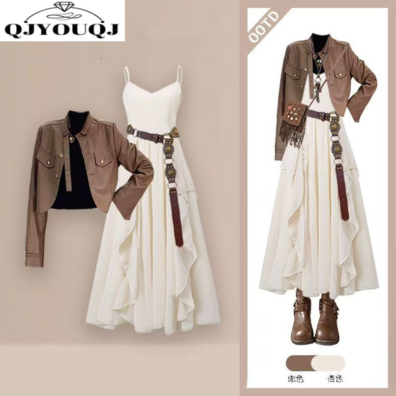 Women'S Fashion Leather Jacket - ชุดแฟชั่นผู้หญิง ฤดูใบไม้ผลิและฤดูใบไม้ร่วง แจ็คเก็ตหนัง Meilad รุ่นใหม่ ชุดเดรสสายเดี่ยวแฟชั่น