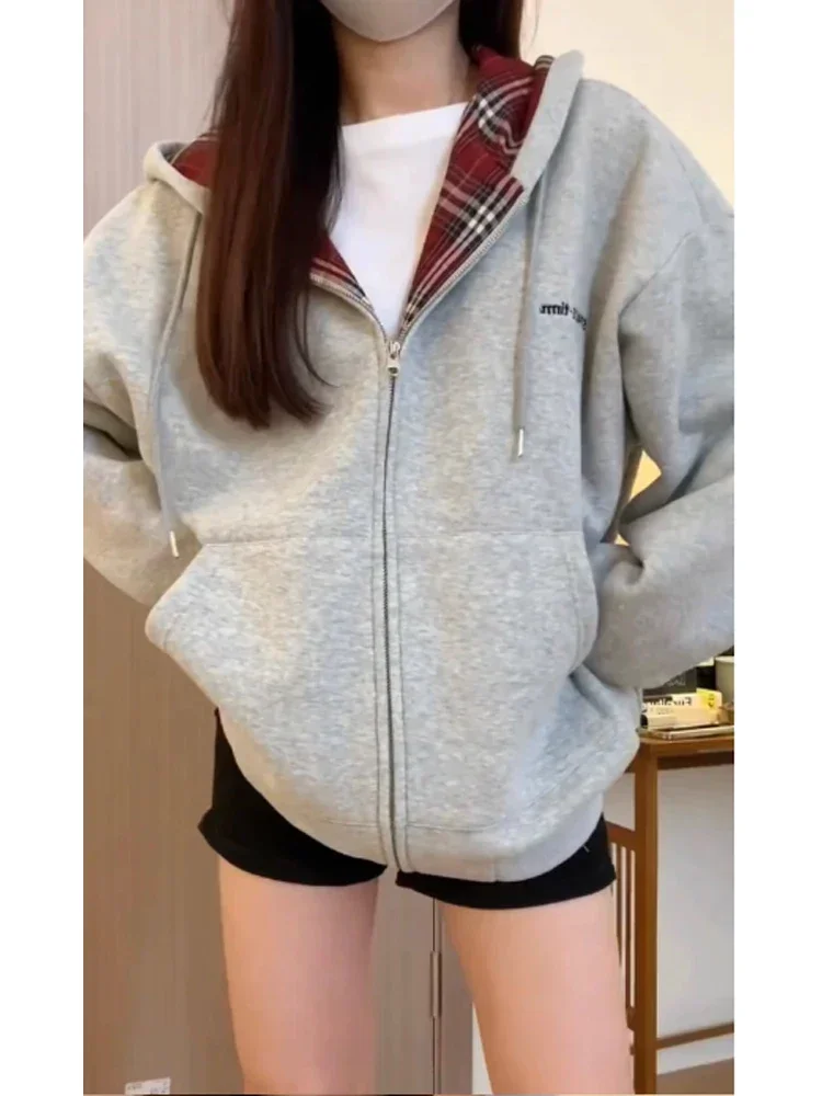 Women'S Fashion Zip Up Hoodies - Harajuku 90S Aestheticสีแดงลายสก๊อตHoodies Topsเสื้อกันหนาวผู้หญิงสีเทาVINTAGE Streetwearเกาหลีแฟชั่นการออกแบบเสื้อผ้าฤดูใบไม้ร่วง 2024