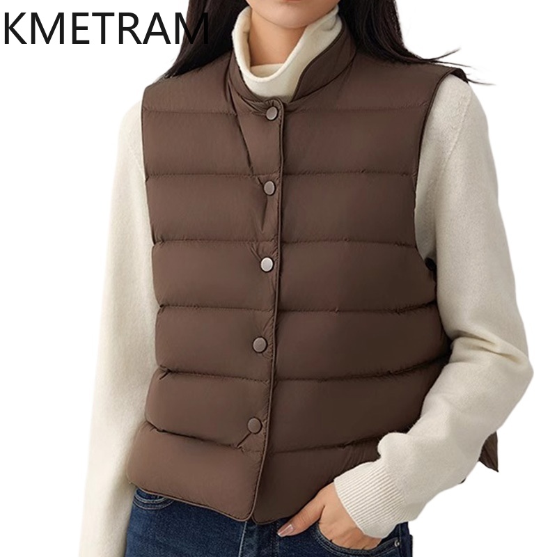 Puffer Vest Fashion Women - Kmetram เสื้อกั๊กขนห่านสีขาวเสื้อแขนกุดเสื้อโค้ทแฟชั่นใหม่สำหรับผู้หญิงเสื้อแจ็คเก็ตขนเป็ดเสื้อผ้าฤดูหนาว2024สไตล์ปารีส