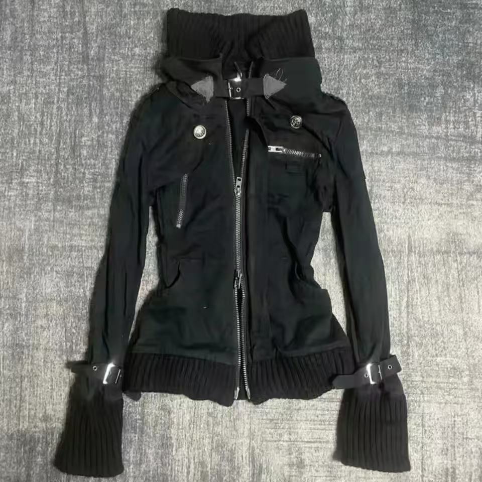 Women'S Fashion Zip Up Hoodies - เสื้อฮู้ดดี้ทรงสลิมสีดำสไตล์โกธิค Y2K สำหรับผู้หญิง แฟชั่นย้อนยุคอเมริกัน Y2K ทรงสลิมโอเวอร์ไซส์