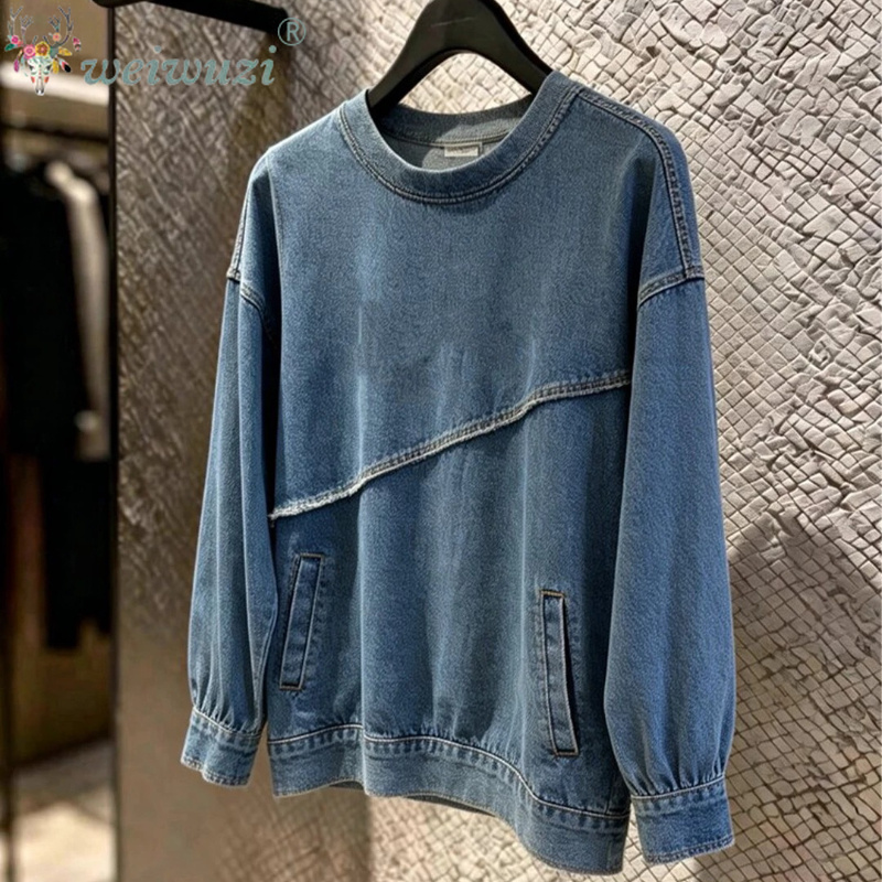 Women'S Fashion Denim Jacket - เสื้อแจ็คเก็ตยีนส์ผู้หญิง ทรงไม่สมมาตร เสื้อโค้ทยีนส์ทรงหลวม สไตล์ลำลอง แขนยาว เสื้อคลุมลำลอง