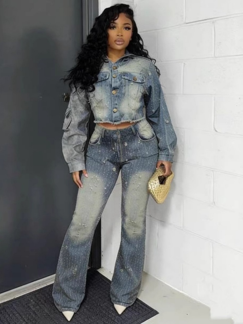 Women'S Fashion Denim Jacket - ชุดเดนิมแฟชั่น 2 ชิ้น ชุดเซ็ตผู้หญิง เสื้อผ้าฤดูใบไม้ผลิ เสื้อแจ็คเก็ตมีฮู้ด