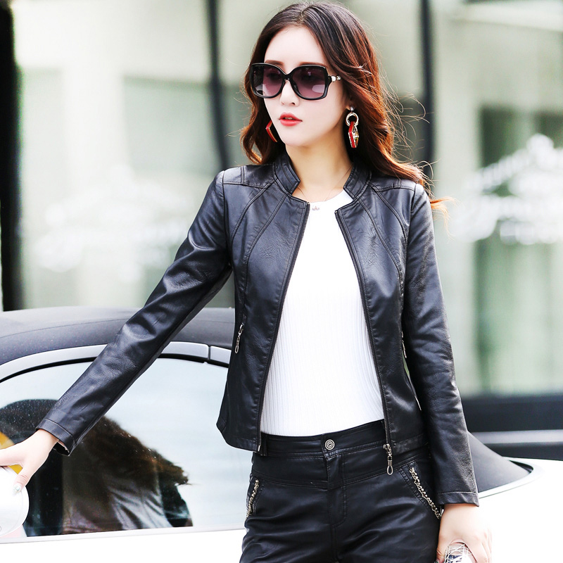 แจ็คเก็ตหนังฤดูใบไม้ผลิและฤดูใ - Women'S Fashion Leather Jacket บทวิจารณ์และราคา