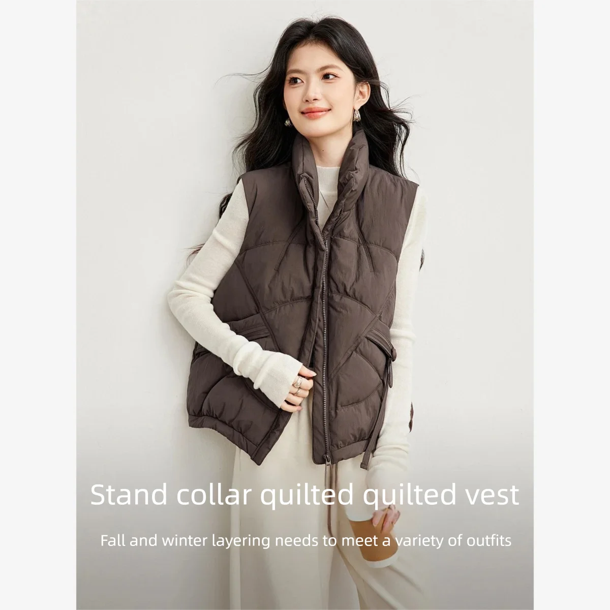 เสื้อกั๊กผู้หญิง VIMLY สีน้ำตา - Women'S Fashion Quilted Jacket บทวิจารณ์และราคา